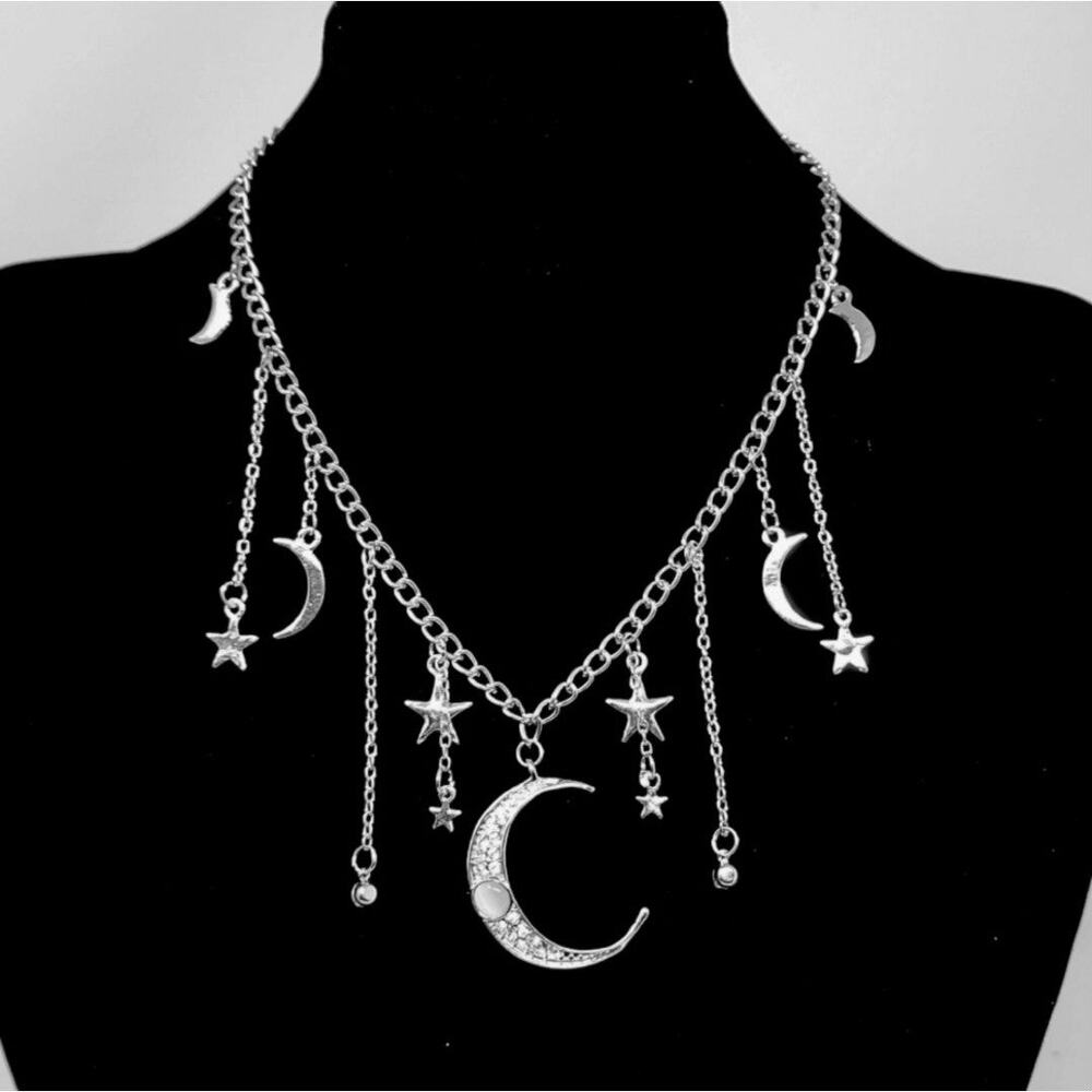 Silver Crescent Moon Star Necklace